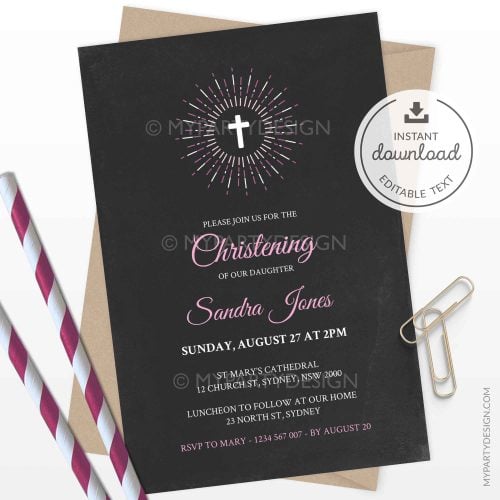 pink baptism or christening party invitation printable and editable