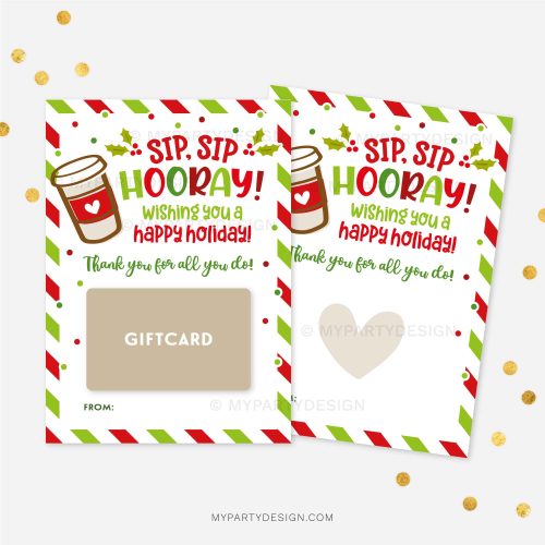 sip sip hooray Christmas coffee gift card holder that reads "sip sip hooray, have a happy holiday"