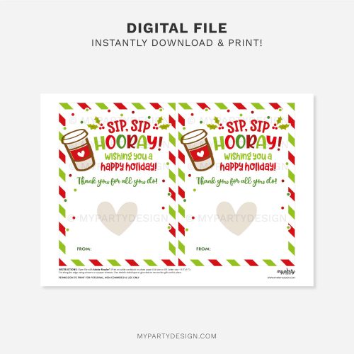 sip sip hooray Christmas coffee gift card holder that reads "sip sip hooray, have a happy holiday"