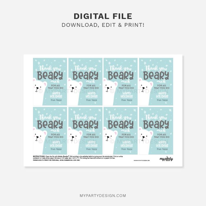 printable thank you beary much Christmas tags
