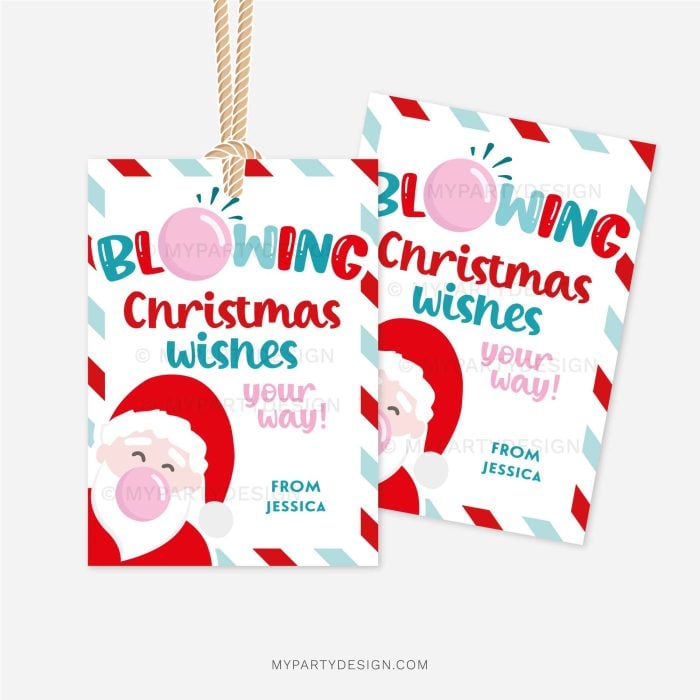 blue and red christmas class gift tag that reads "blowing christmas wishes your way", featuring an illustration of santa blowing a pink bubblegum bubble