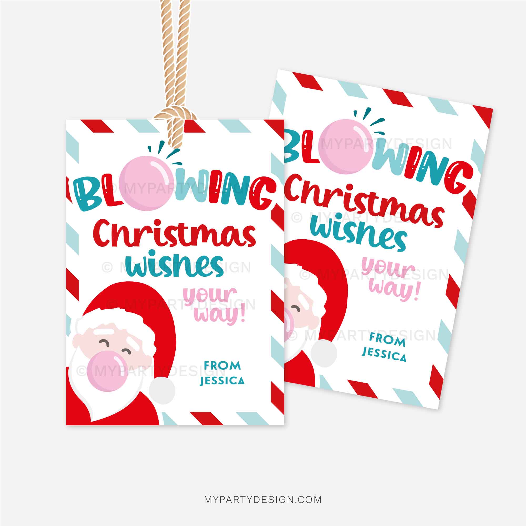 CHRISTMAS-GIFT-TAGS-BLOWING-CHRISTMAS-WISHES-BUBBLE-GUM-00B blue and red christmas class gift tag that reads "blowing christmas wishes your way", featuring an illustration of santa blowing a pink bubblegum bubble