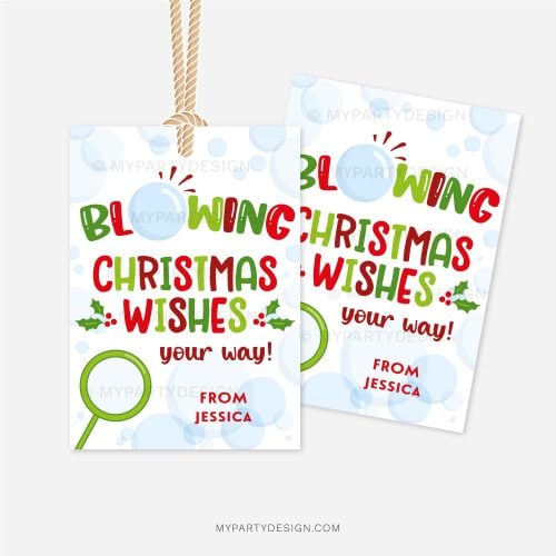 christmas bubbles class gift tags that read "blowing christmas wishes your way"