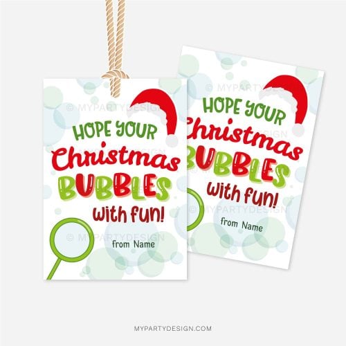 christmas bubbles gift tags for class gifts that read "hope your christmas bubbles with fun"