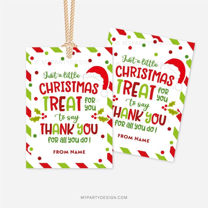 red and green Christmas appreciation gift tags that read "just a little christmas treat for you to say thank you for all you do"