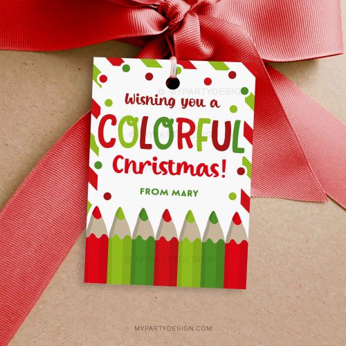 red and green christmas gift tag with coloring pencil illustration for students or class gifts