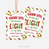 red and green striped christmas gift tags that read "thank you for being a light in my life. merry christmas"