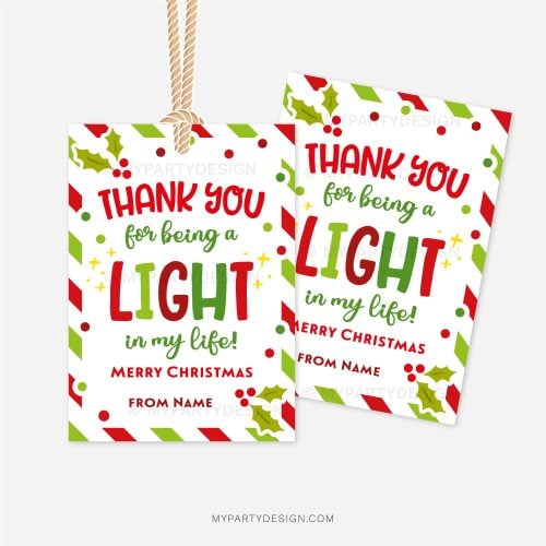 red and green striped christmas gift tags that read "thank you for being a light in my life. merry christmas"