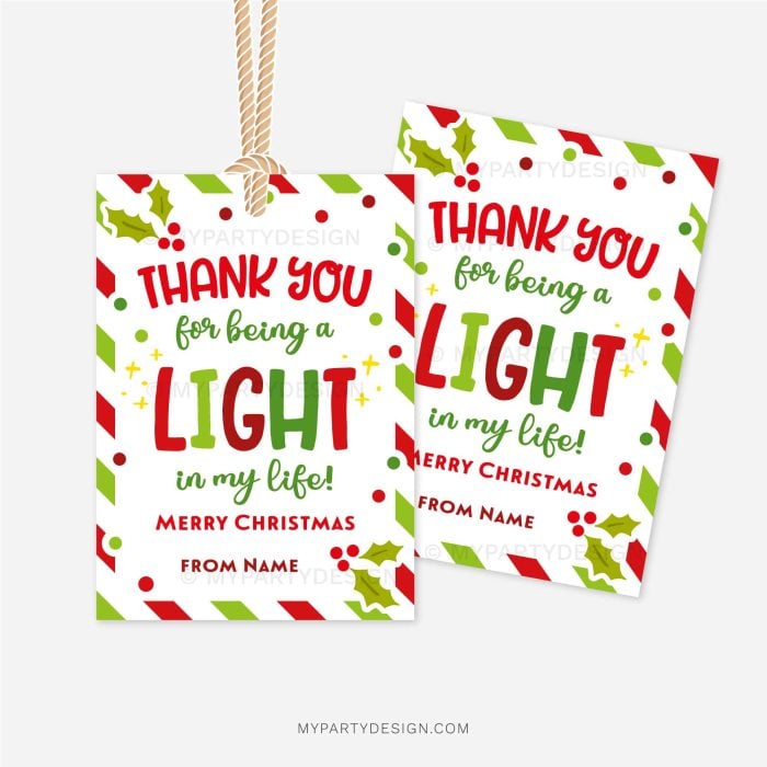 red and green striped christmas gift tags that read "thank you for being a light in my life. merry christmas"
