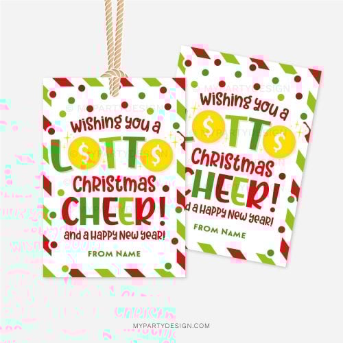 red and green christmas gift tags that read "Wishing you a Lotto christmas cheer! And a happy new year!"