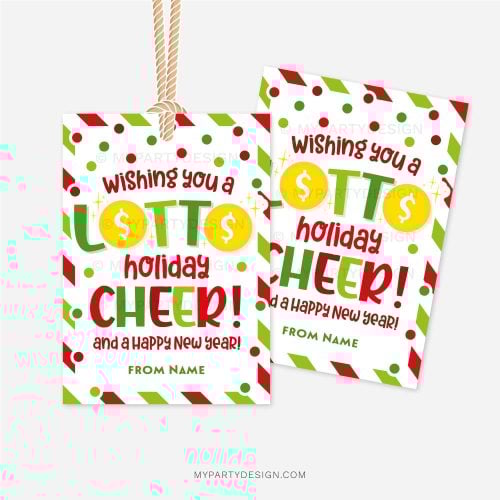 red and green christmas gift tags that read "Wishing you a Lotto holiday cheer! And a happy new year!"