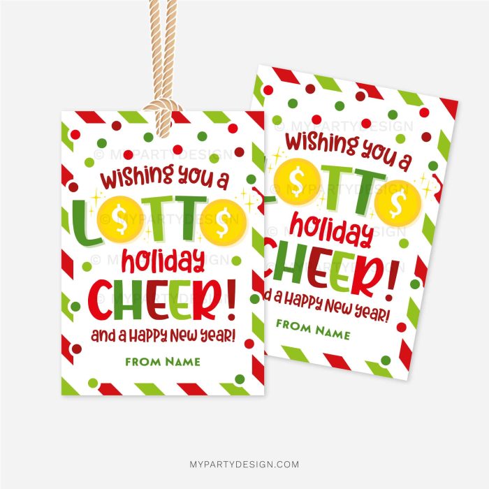 red and green christmas gift tags that read "Wishing you a Lotto holiday cheer! And a happy new year!"