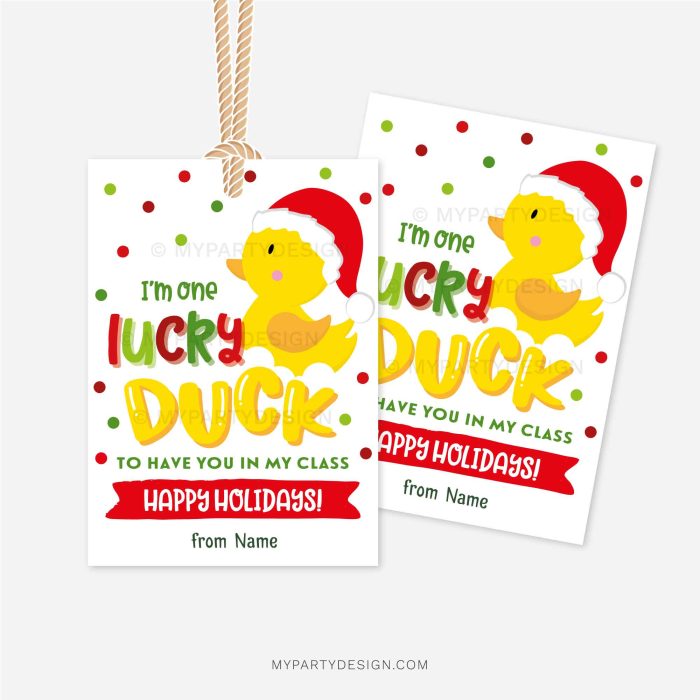 cute gift tags featuring a rubber duck with santa hat that read "I'm one lucky duck to have you in my class. happy holidays!"