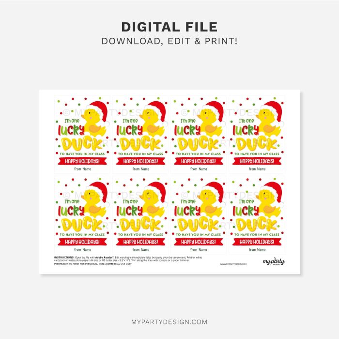 printable lucky duck christmas class gift tag for school classmates or students