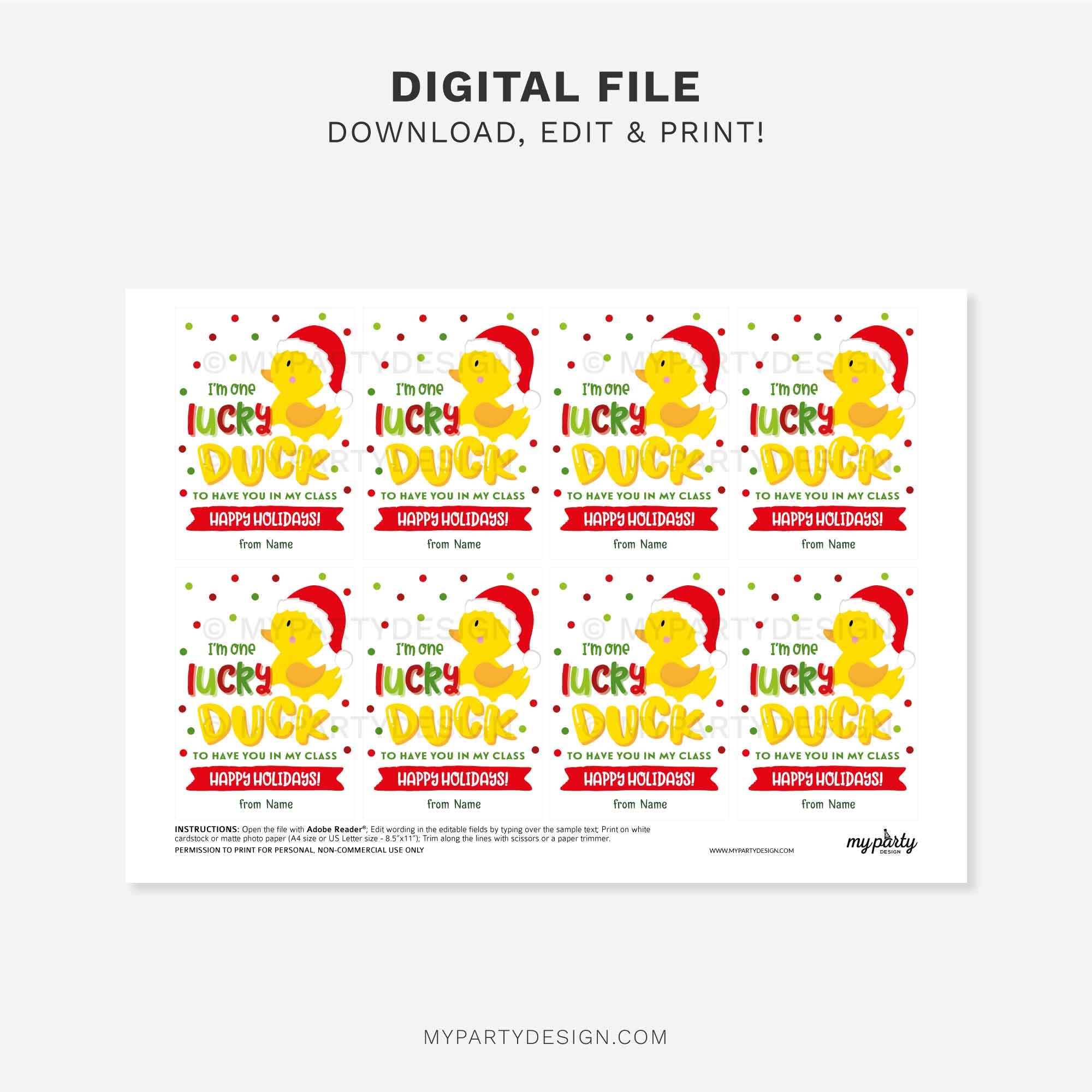 CHRISTMAS-GIFT-TAGS-LUCKY-DUCK-CLASS-00C printable lucky duck christmas class gift tag for school classmates or students