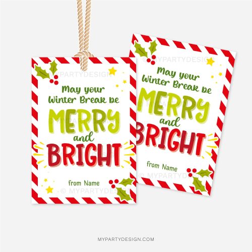 christmas class gift tags that read "may your winter break be merry and bright"