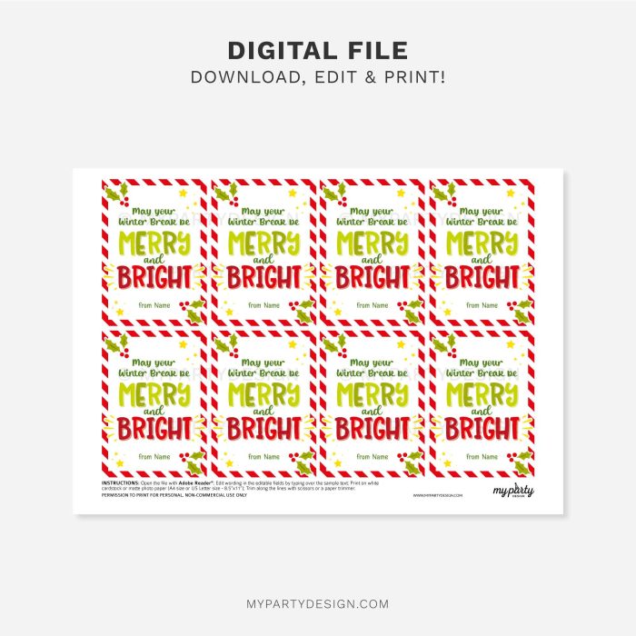 printable merry and bright winter break gift tags for christmas class gifts