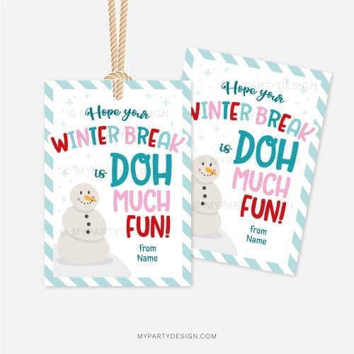 blue, red and pink play dough christmas gift tags that read "Hope your Winter Break is doh much fun!"