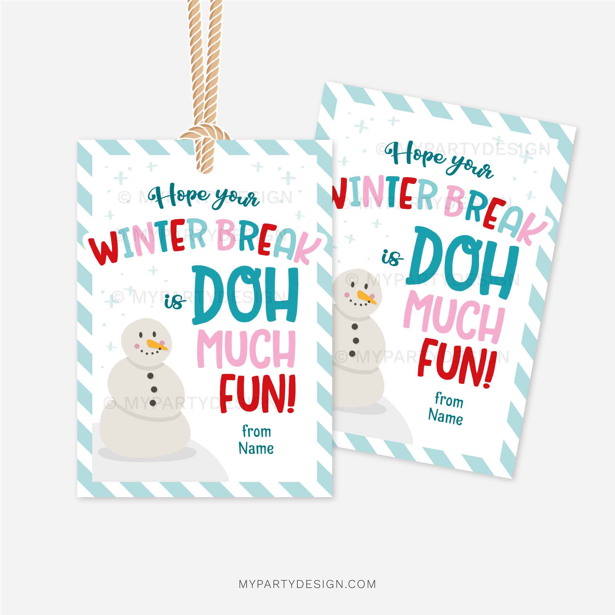 CHRISTMAS-GIFT-TAGS-PLAYDOUGH-DOH-MUCH-FUN-00B blue, red and pink play dough christmas gift tags that read "Hope your Winter Break is doh much fun!"
