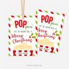red and green christmas popcorn gift tags that read "poppin' by to wish you a merry christmas"