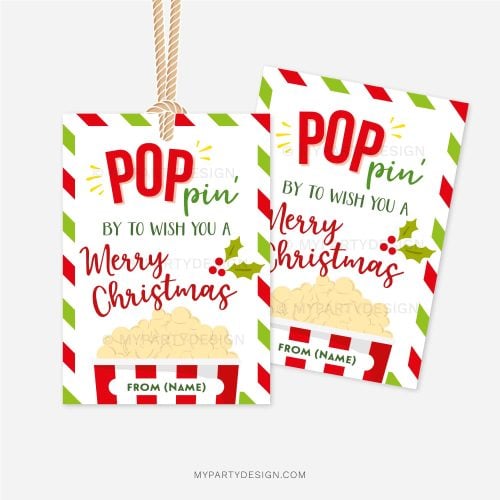 red and green christmas popcorn gift tags that read "poppin' by to wish you a merry christmas"