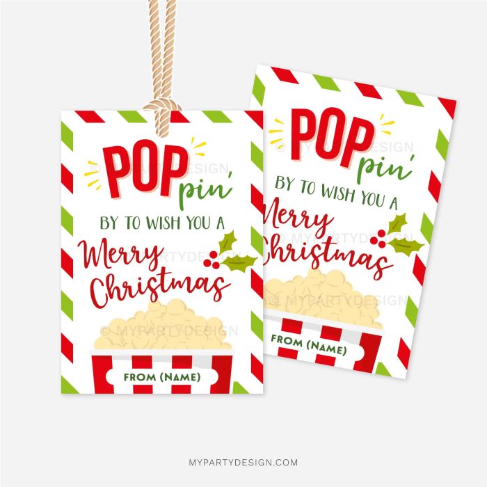 red and green christmas popcorn gift tags that read "poppin' by to wish you a merry christmas"
