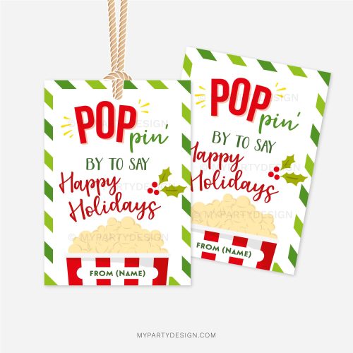 red and green christmas popcorn gift tags that read "poppin' by to say happy holidays"