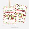 red and green christmas gift tags that read "hope your Christmas is popping with fun!"