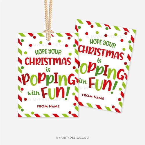 red and green christmas gift tags that read "hope your Christmas is popping with fun!"