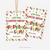red and green christmas gift tags that read "hope your winter break is popping with fun!"