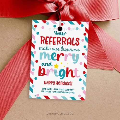 merry and bright referrals gift tag for christmas client appreciation gifts