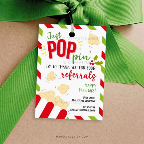 Popcorn Christmas Referrals Tag for realtor, doctor, home health or general business referral appreciation