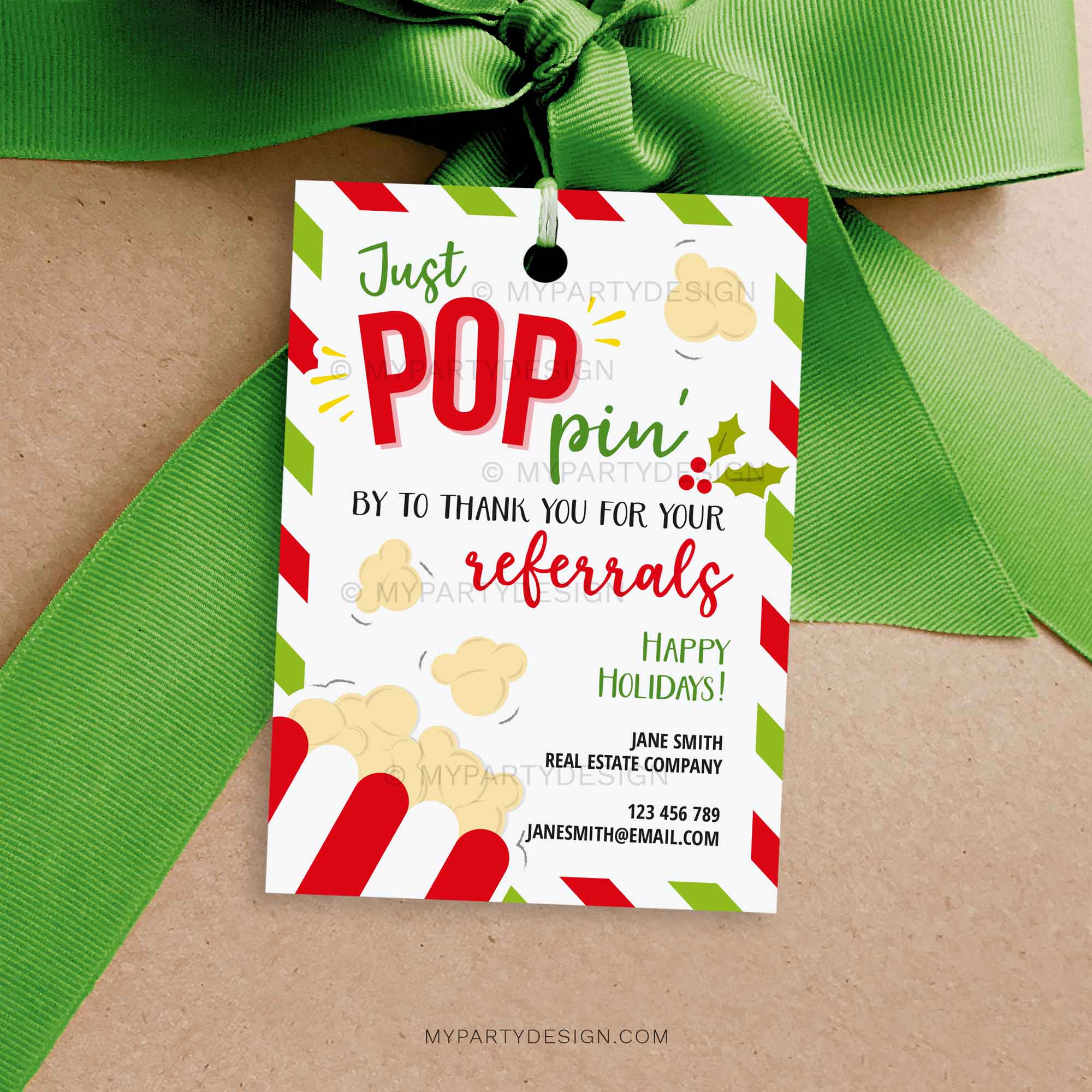 CHRISTMAS-GIFT-TAGS-REFERRALS-POPCORN-POPPIN-BY-00A Popcorn Christmas Referrals Tag for realtor, doctor, home health or general business referral appreciation