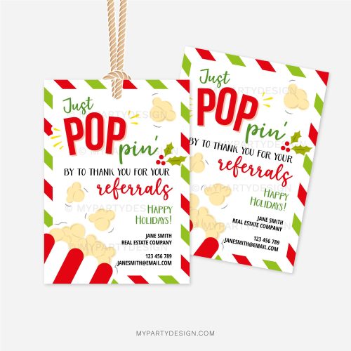 green and red popcorn gift tags that read "poppin' by to thank you for your referrals"