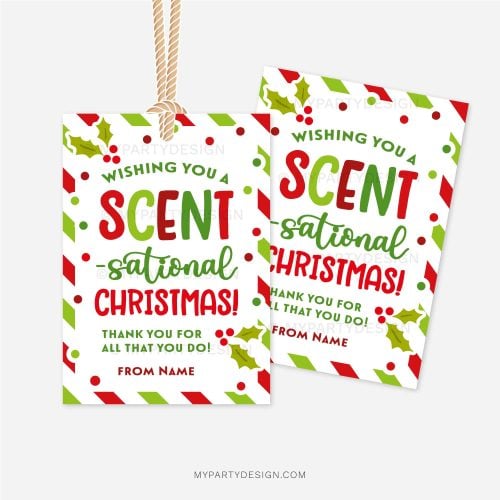 red and green christmas appreciation gift tags that read "Wishing you a scent-sational Christmas! Thank you for all that you do!"