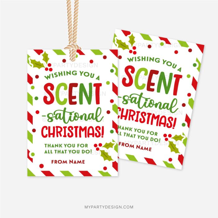 red and green christmas appreciation gift tags that read "Wishing you a scent-sational Christmas! Thank you for all that you do!"