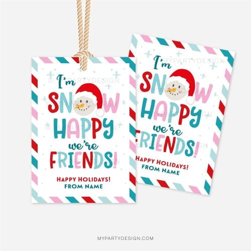 blue, red and pink christmas gift tags that read "I'm snow happy we're friends!"