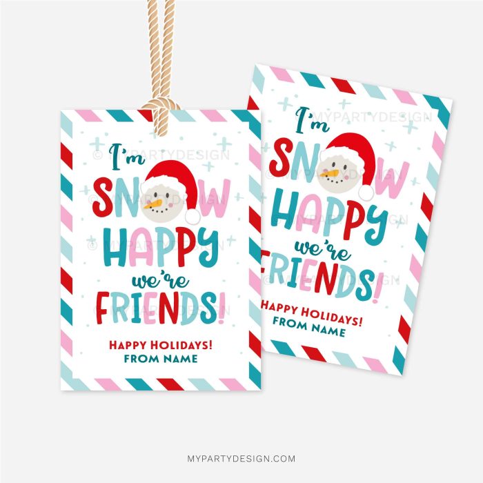 blue, red and pink christmas gift tags that read "I'm snow happy we're friends!"