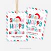 blue, red and pink christmas gift tags that read "Snow happy we're neighbors!"