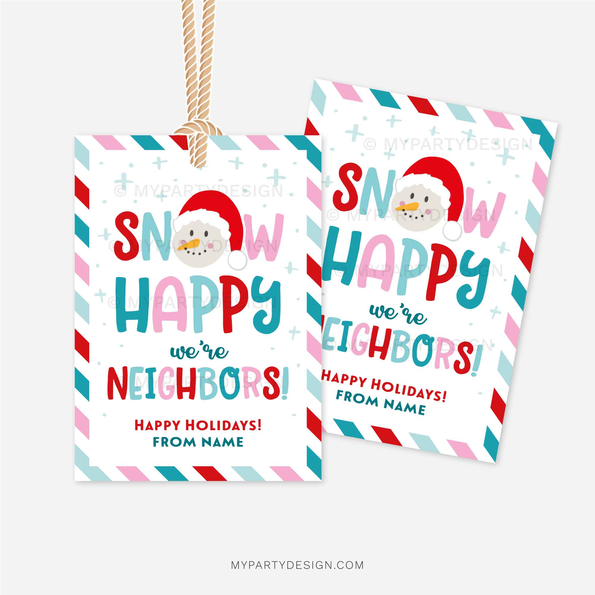 CHRISTMAS-GIFT-TAGS-SNOW-HAPPY-WERE-NEIGHBORS-00B blue, red and pink christmas gift tags that read "Snow happy we're neighbors!"