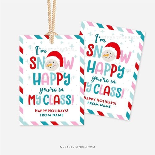 blue, red and pink christmas gift tags that read "I'm snow happy you're in my class!"