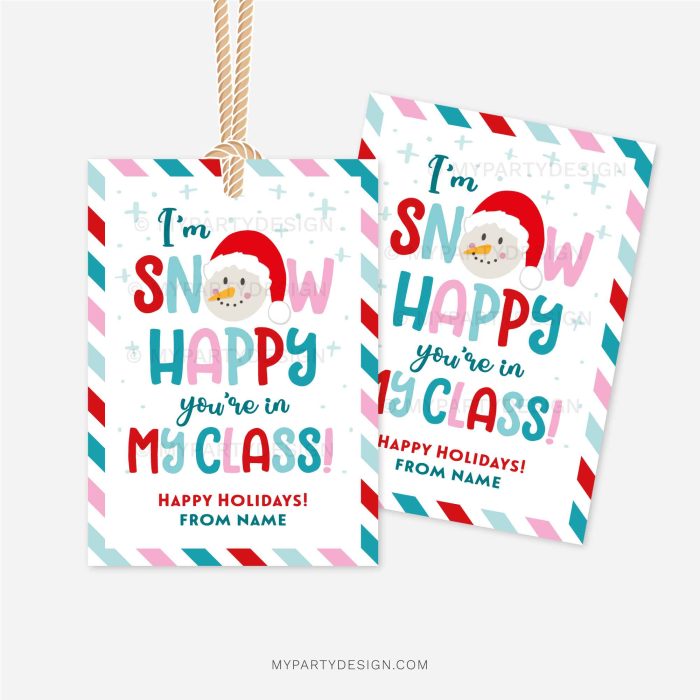 blue, red and pink christmas gift tags that read "I'm snow happy you're in my class!"