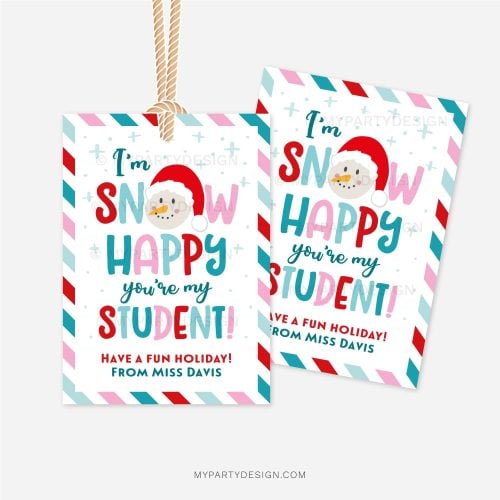 blue, red and pink christmas gift tags that read "I'm snow happy you're my student"