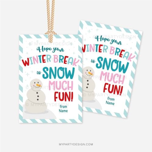 blue, red and pink christmas gift tags that read "Hope your Winter Break is snow much fun!"