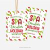 red and green christmas appreciation gift tags that read "wishing you a spa-tacular holiday season"