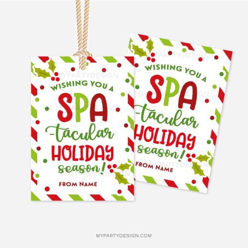 red and green christmas appreciation gift tags that read "wishing you a spa-tacular holiday season"