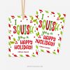red and green striped christmas gift tags that read Wording "I squish you a Happy Holiday!"