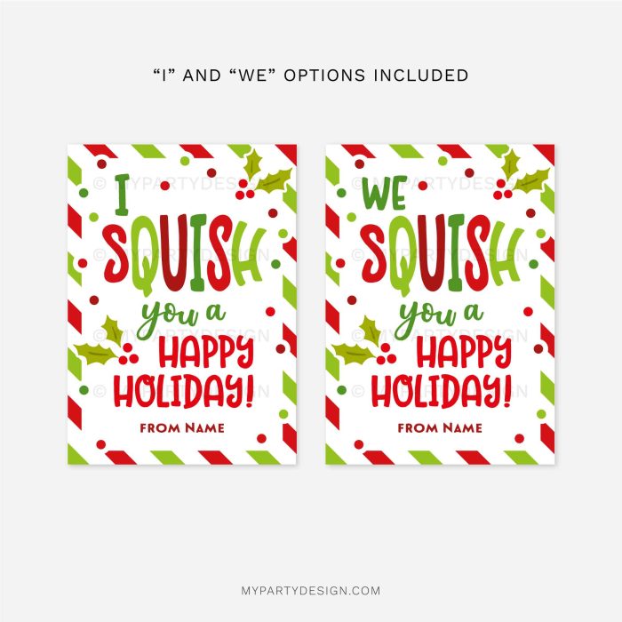red and green striped christmas gift tags that read Wording "I squish you a Happy Holiday!" / "We squish you a Happy Holiday!"