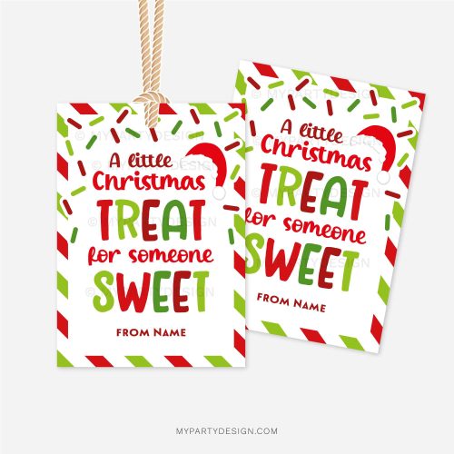 red and green sprinkles Christmas gift tags that read "a little christmas treat for someone sweet"