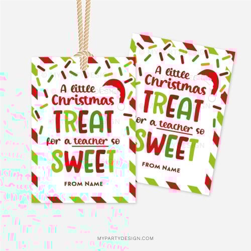 red and green sprinkles Christmas gift tags that read "a little christmas treat for a teacher so sweet"